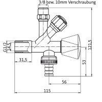 Kombi Eckventil mit Geräteanschluss 1/2 x 3/4 x 3/8