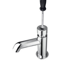 Selbstschlussarmatur, Waschtischarmatur als Wasserhahn mit Druckknopf und Temperatureinstellung für Toilette
